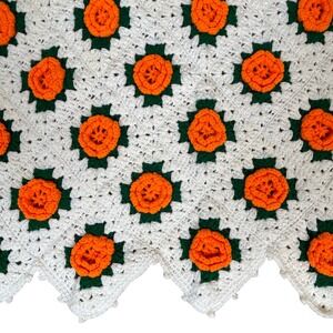 Vintage Crochet 3D Floral Knit Granny Square Blanket Orange White Fall‎ Decor